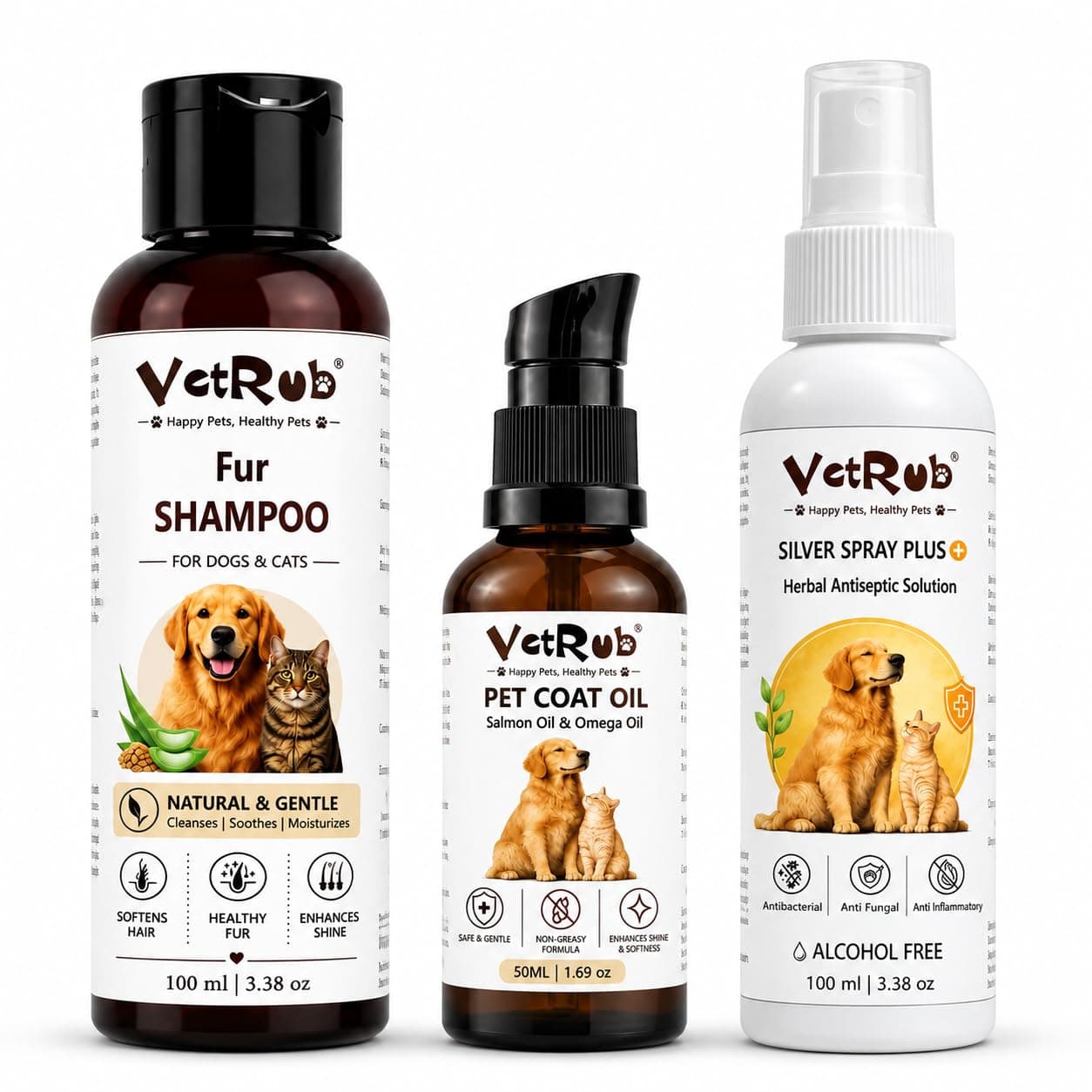 VetRub Fur Shampoo, Pet Coat Oil & Silver Spray Combo for Dogs & Cats